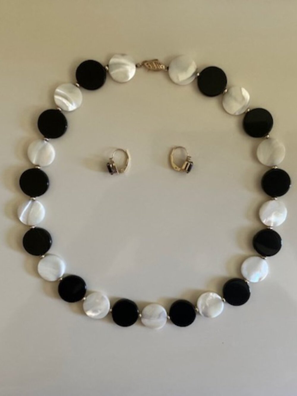 14K Gold Black Onyx and Mother of Pearl Earrings and Necklace Set
